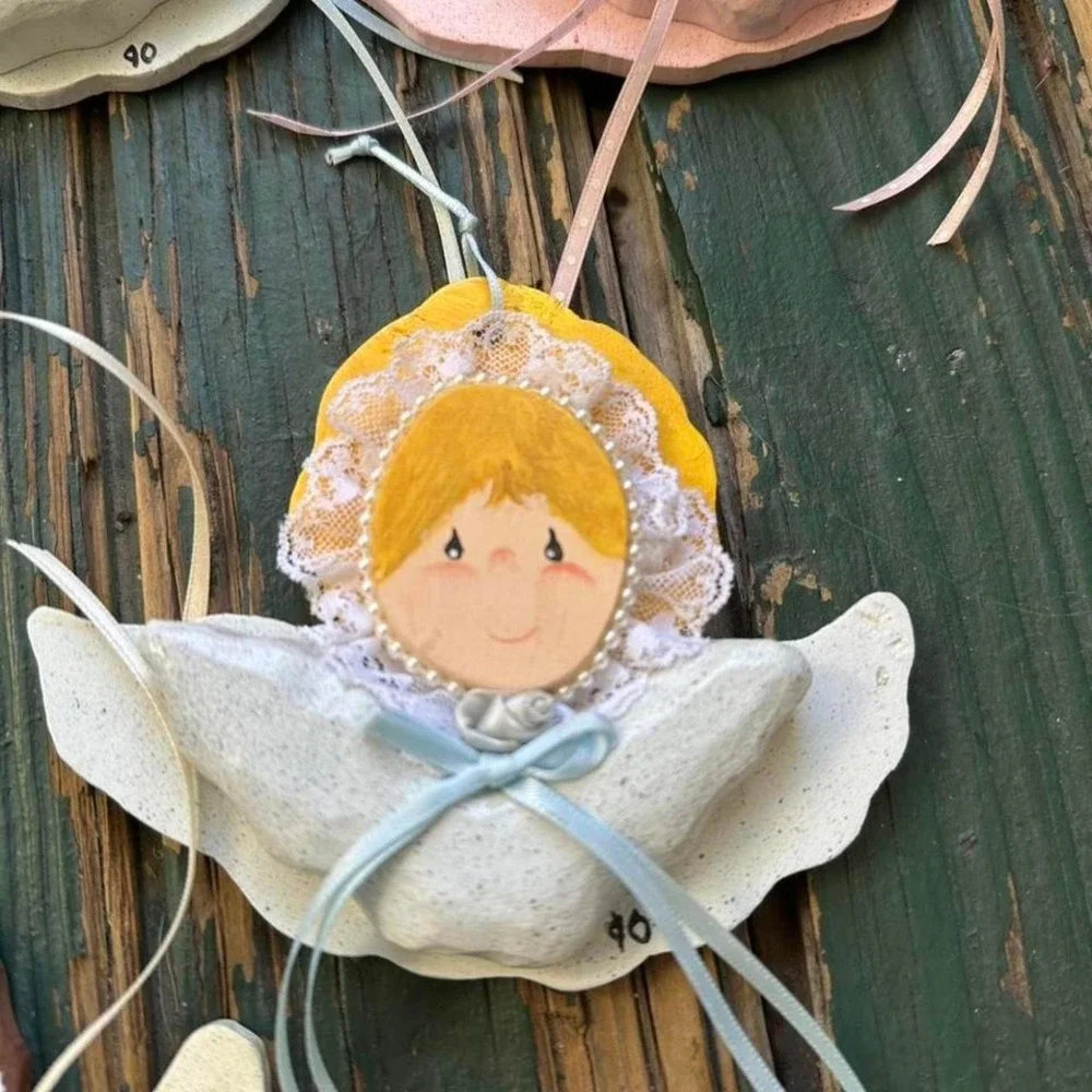 Vintage 1990‎ Handmade Dough Angel Ornaments Set of 5 Lace Pearl Cottagecore 90s